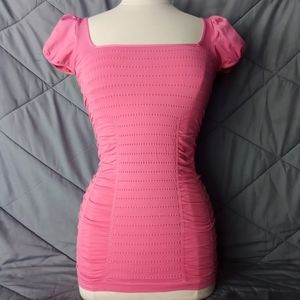 Body Central Ruched Bright Pink Mini Dress Tight Body Conforming Y2K Puff Sleeve